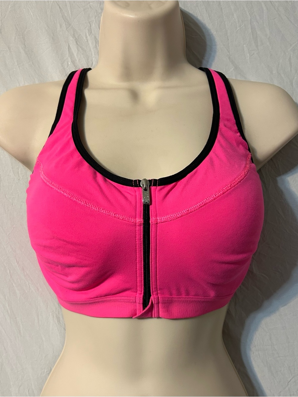 VSX Victoria’s Secret Sports Bra Front-Zip Pink Sports Bra with Black Trim 34DD